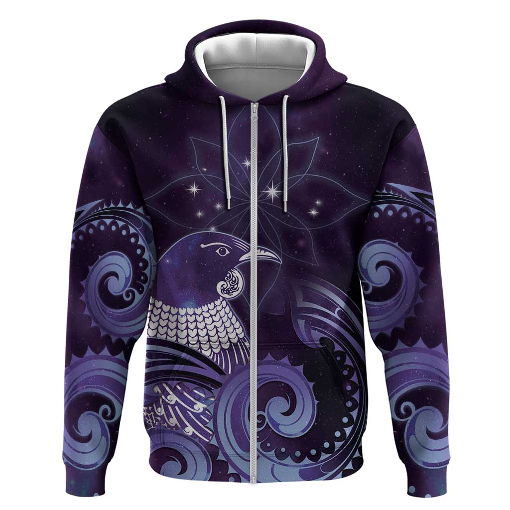 New Zealand Matariki Hoodie Maori Tui Bird Purple Galaxy DT05 Zip Hoodie Purple - Polynesian Pride