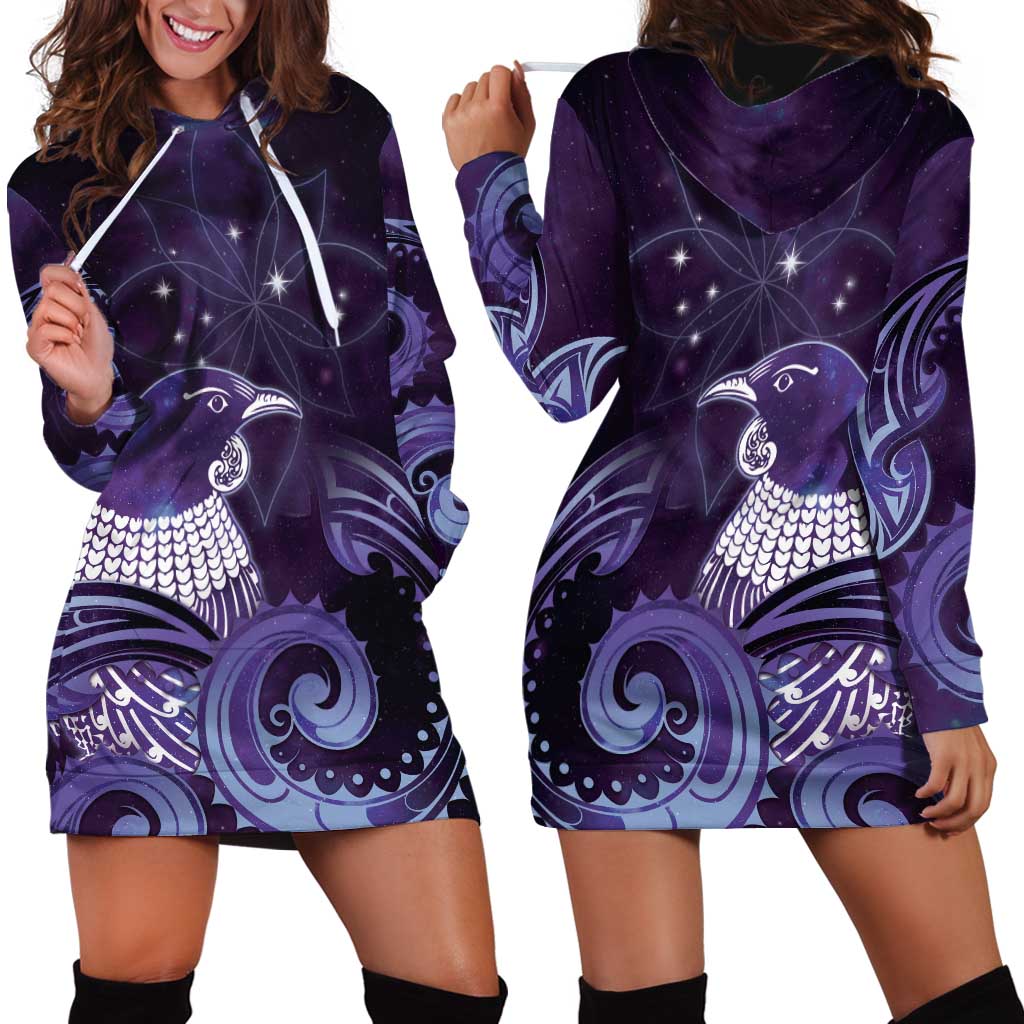 New Zealand Matariki Hoodie Dress Maori Tui Bird Purple Galaxy DT05 - Polynesian Pride