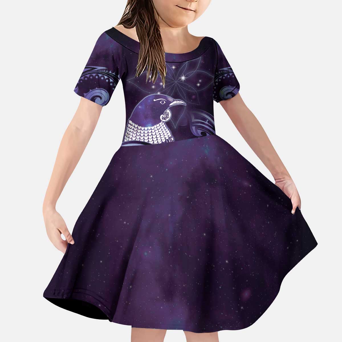 New Zealand Matariki Kid Short Sleeve Dress Maori Tui Bird Purple Galaxy DT05 KID Purple - Polynesian Pride