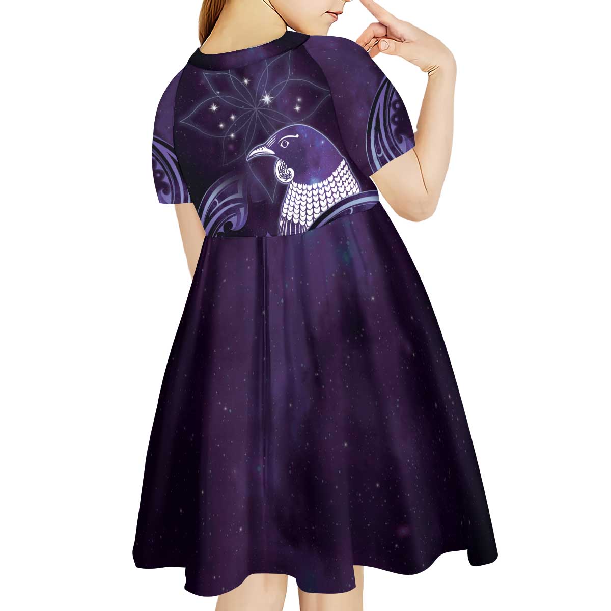 New Zealand Matariki Kid Short Sleeve Dress Maori Tui Bird Purple Galaxy DT05 - Polynesian Pride