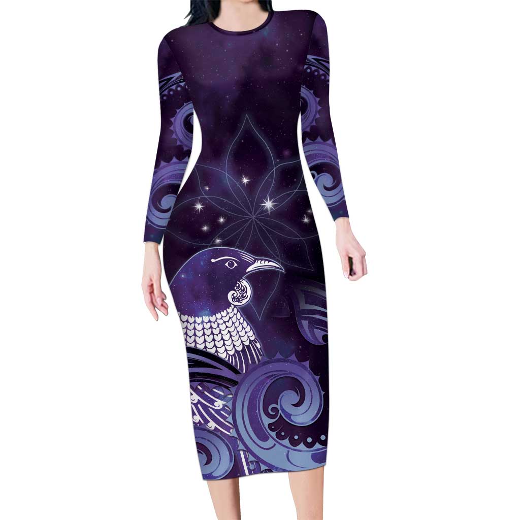 New Zealand Matariki Long Sleeve Bodycon Dress Maori Tui Bird Purple Galaxy DT05 Long Dress Purple - Polynesian Pride