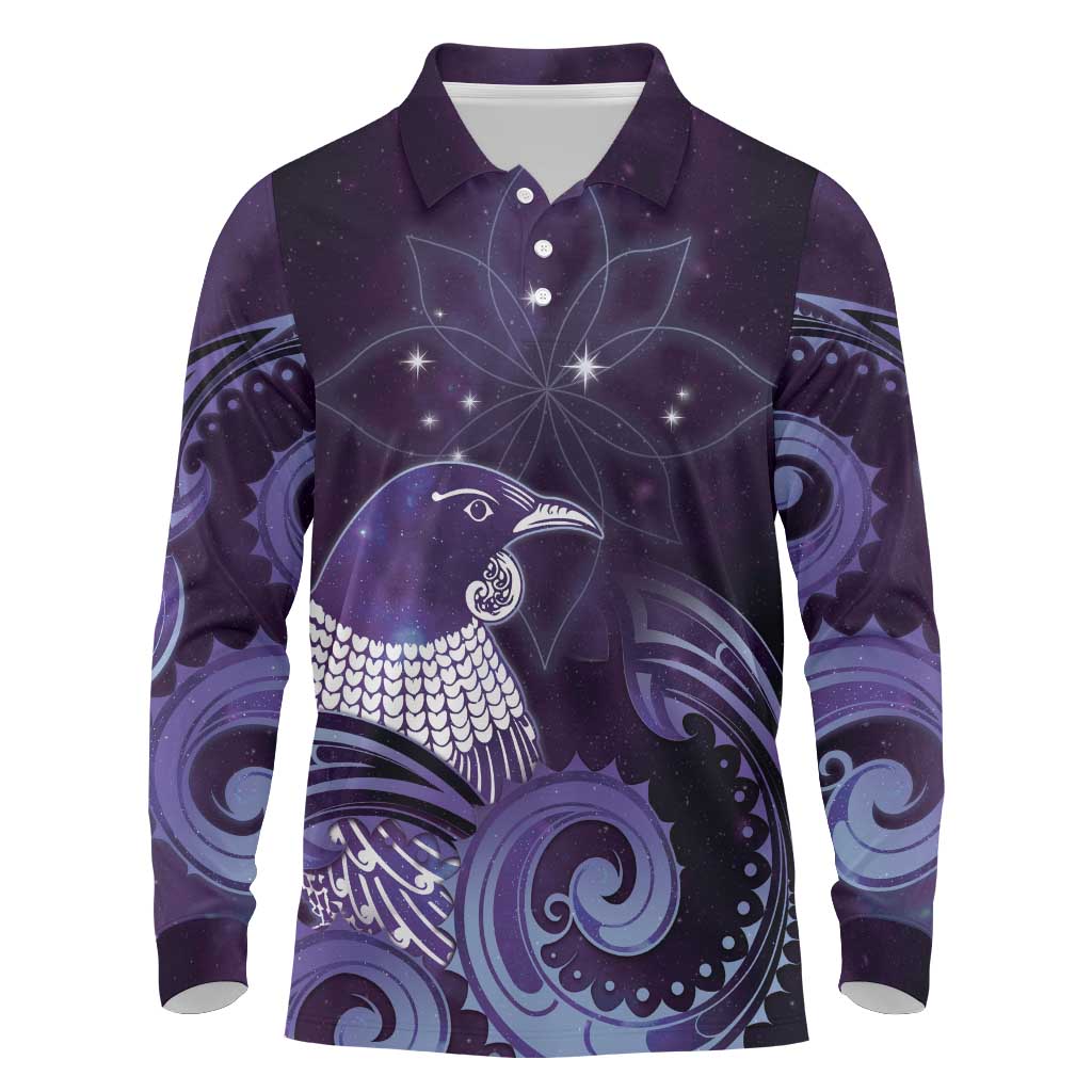 New Zealand Matariki Long Sleeve Polo Shirt Maori Tui Bird Purple Galaxy DT05 Purple - Polynesian Pride