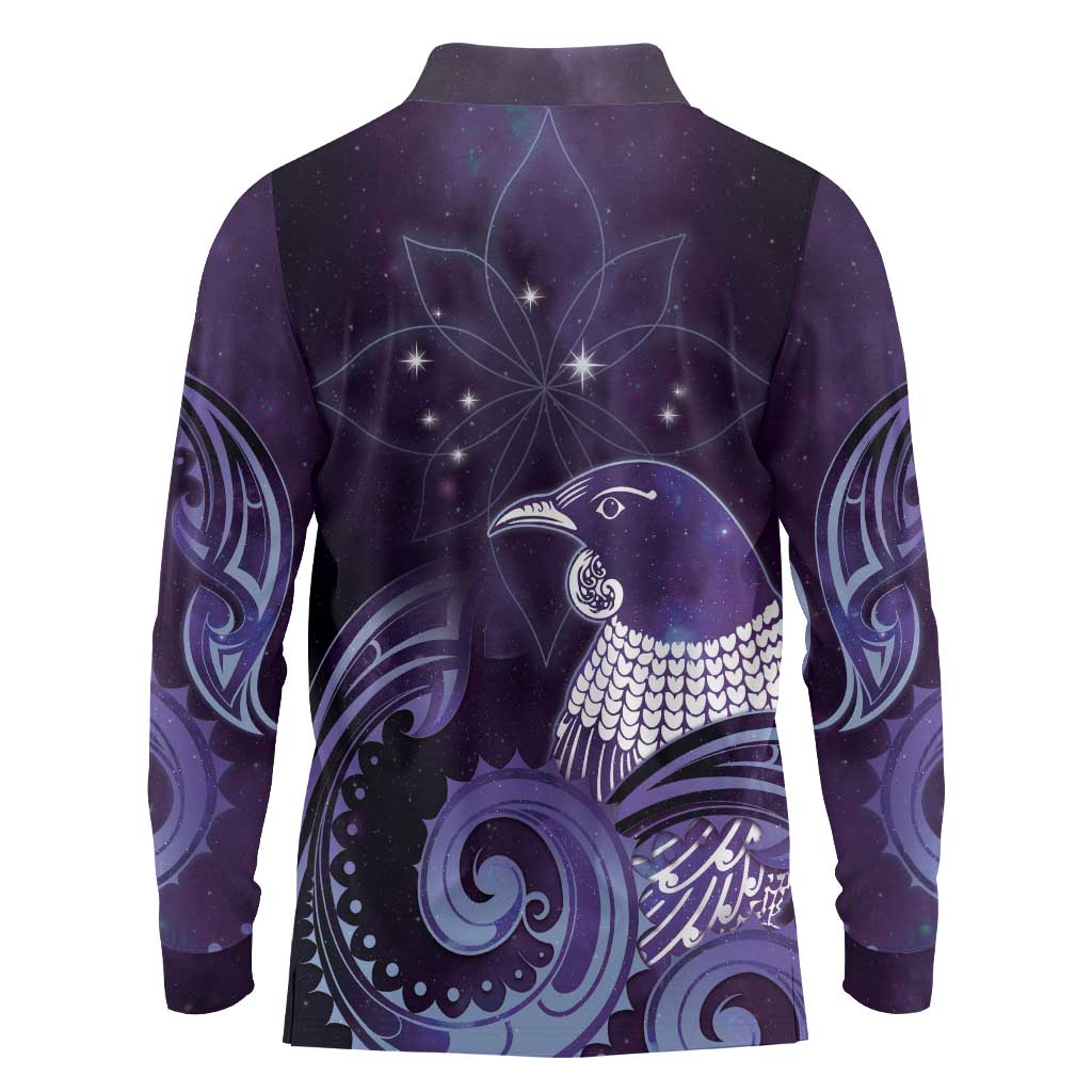 New Zealand Matariki Long Sleeve Polo Shirt Maori Tui Bird Purple Galaxy DT05 - Polynesian Pride