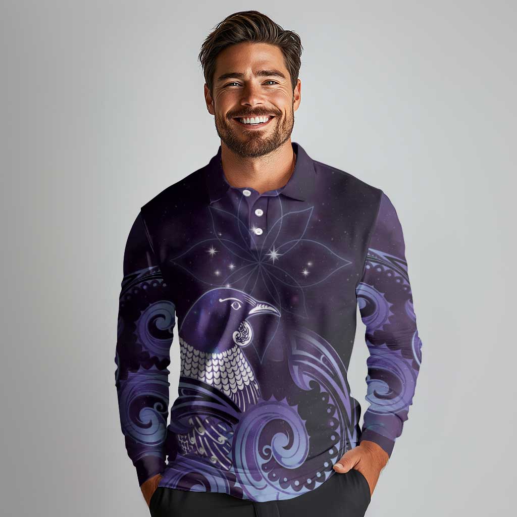 New Zealand Matariki Long Sleeve Polo Shirt Maori Tui Bird Purple Galaxy DT05 - Polynesian Pride