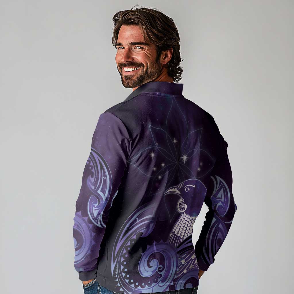New Zealand Matariki Long Sleeve Polo Shirt Maori Tui Bird Purple Galaxy DT05 - Polynesian Pride