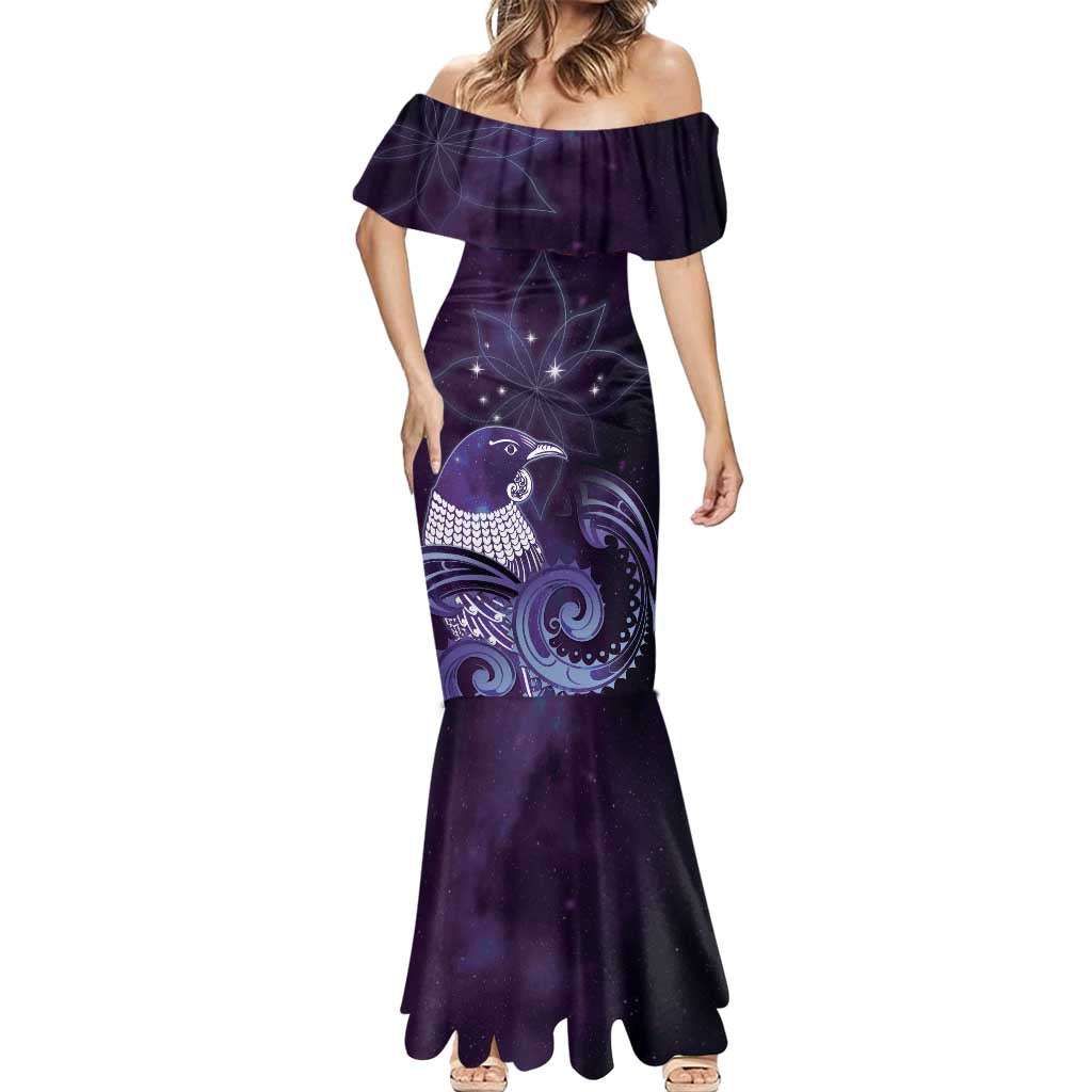 New Zealand Matariki Mermaid Dress Maori Tui Bird Purple Galaxy DT05 - Polynesian Pride