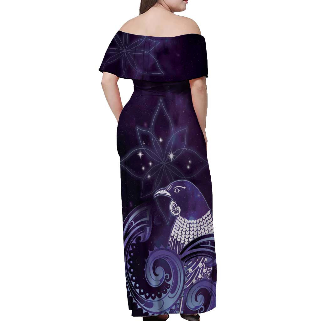 New Zealand Matariki Off Shoulder Maxi Dress Maori Tui Bird Purple Galaxy DT05 - Polynesian Pride
