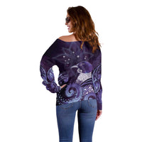 New Zealand Matariki Off Shoulder Sweater Maori Tui Bird Purple Galaxy
