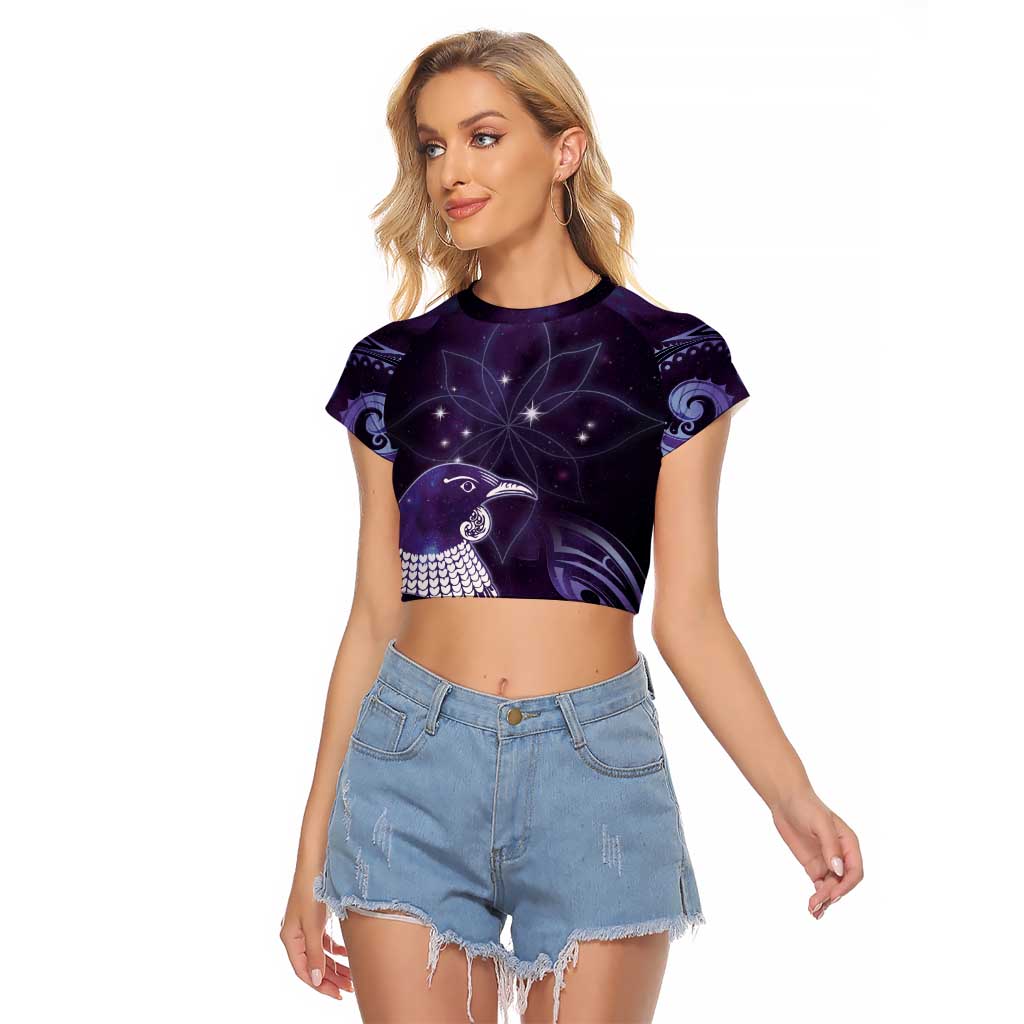 New Zealand Matariki Raglan Cropped T Shirt Maori Tui Bird Purple Galaxy DT05 Female Purple - Polynesian Pride