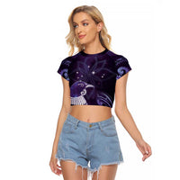 New Zealand Matariki Raglan Cropped T Shirt Maori Tui Bird Purple Galaxy DT05 Female Purple - Polynesian Pride