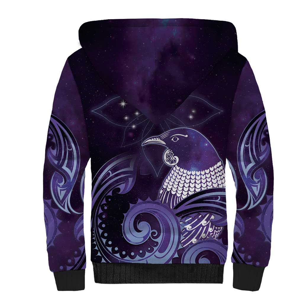 New Zealand Matariki Sherpa Hoodie Maori Tui Bird Purple Galaxy DT05 - Polynesian Pride