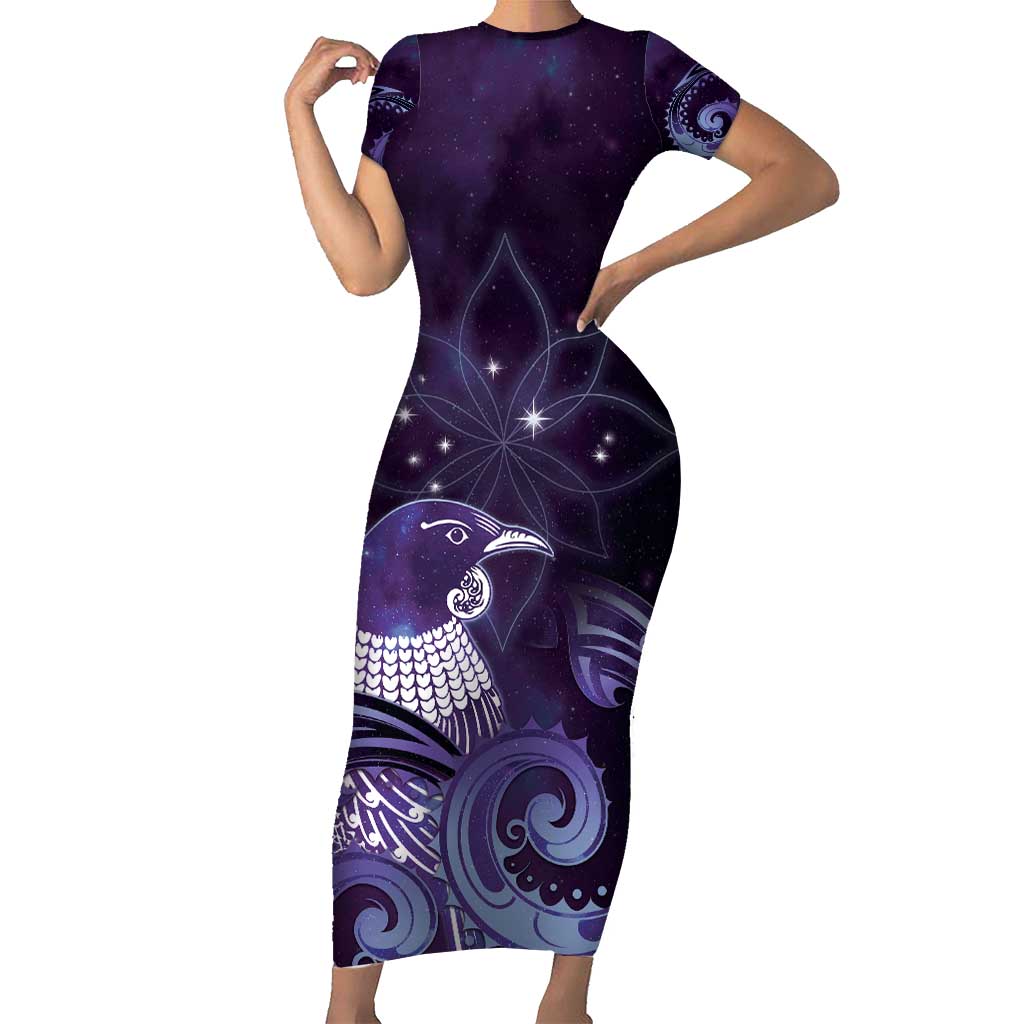 New Zealand Matariki Short Sleeve Bodycon Dress Maori Tui Bird Purple Galaxy DT05 Long Dress Purple - Polynesian Pride