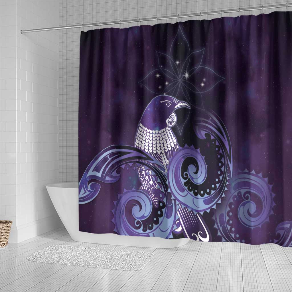 New Zealand Matariki Shower Curtain Maori Tui Bird Purple Galaxy