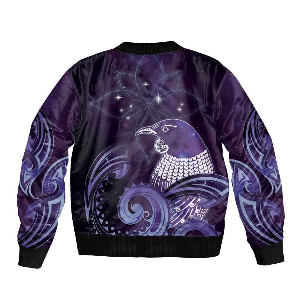 New Zealand Matariki Sleeve Zip Bomber Jacket Maori Tui Bird Purple Galaxy