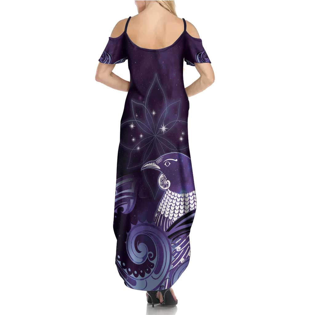 New Zealand Matariki Summer Maxi Dress Maori Tui Bird Purple Galaxy DT05 - Polynesian Pride
