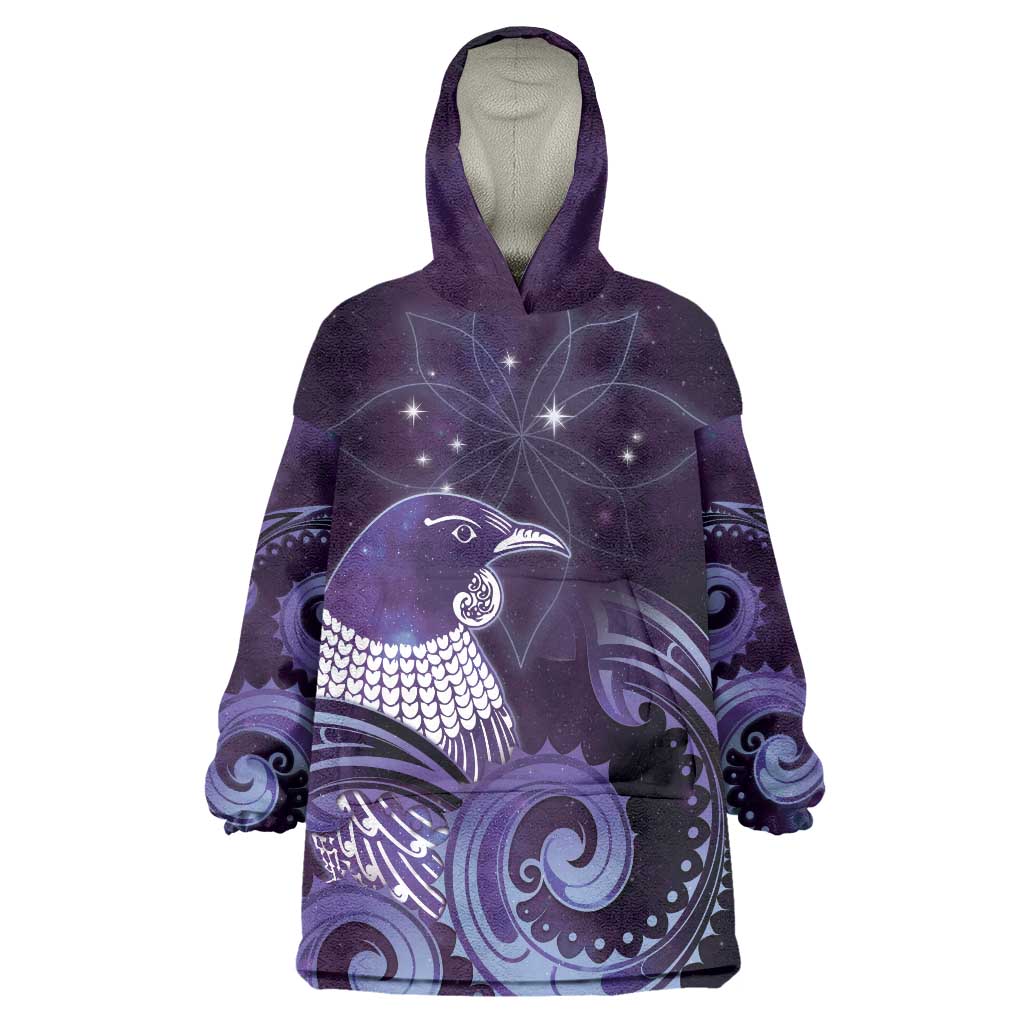 New Zealand Matariki Wearable Blanket Hoodie Maori Tui Bird Purple Galaxy DT05 One Size Purple - Polynesian Pride
