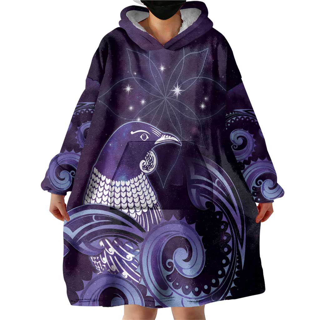 New Zealand Matariki Wearable Blanket Hoodie Maori Tui Bird Purple Galaxy DT05 - Polynesian Pride
