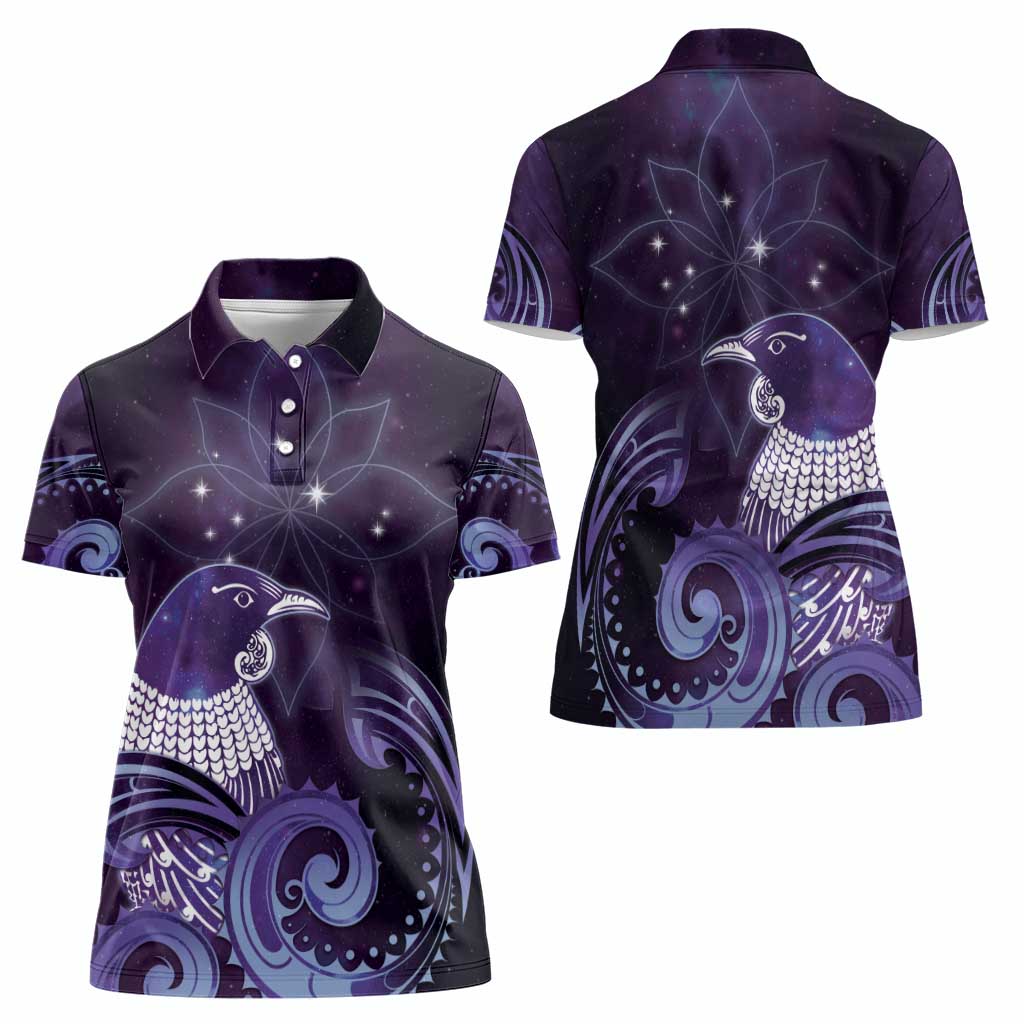 New Zealand Matariki Women Polo Shirt Maori Tui Bird Purple Galaxy DT05 - Polynesian Pride