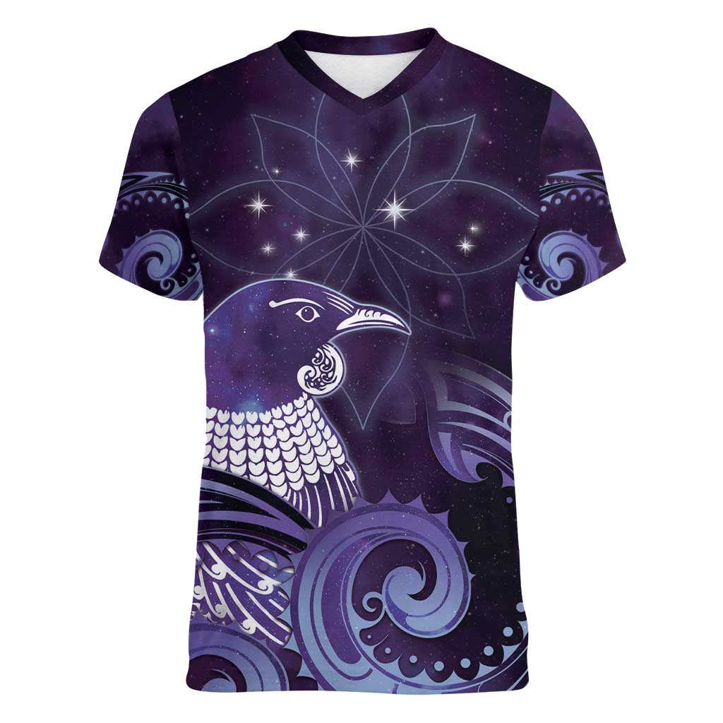 New Zealand Matariki Women V-Neck T-Shirt Maori Tui Bird Purple Galaxy DT05 Female Purple - Polynesian Pride