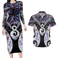 New Zealand Aotearoa Couples Matching Long Sleeve Bodycon Dress and Hawaiian Shirt Pikorua Single Twist Pink Paua Shell DT05 Pink - Polynesian Pride