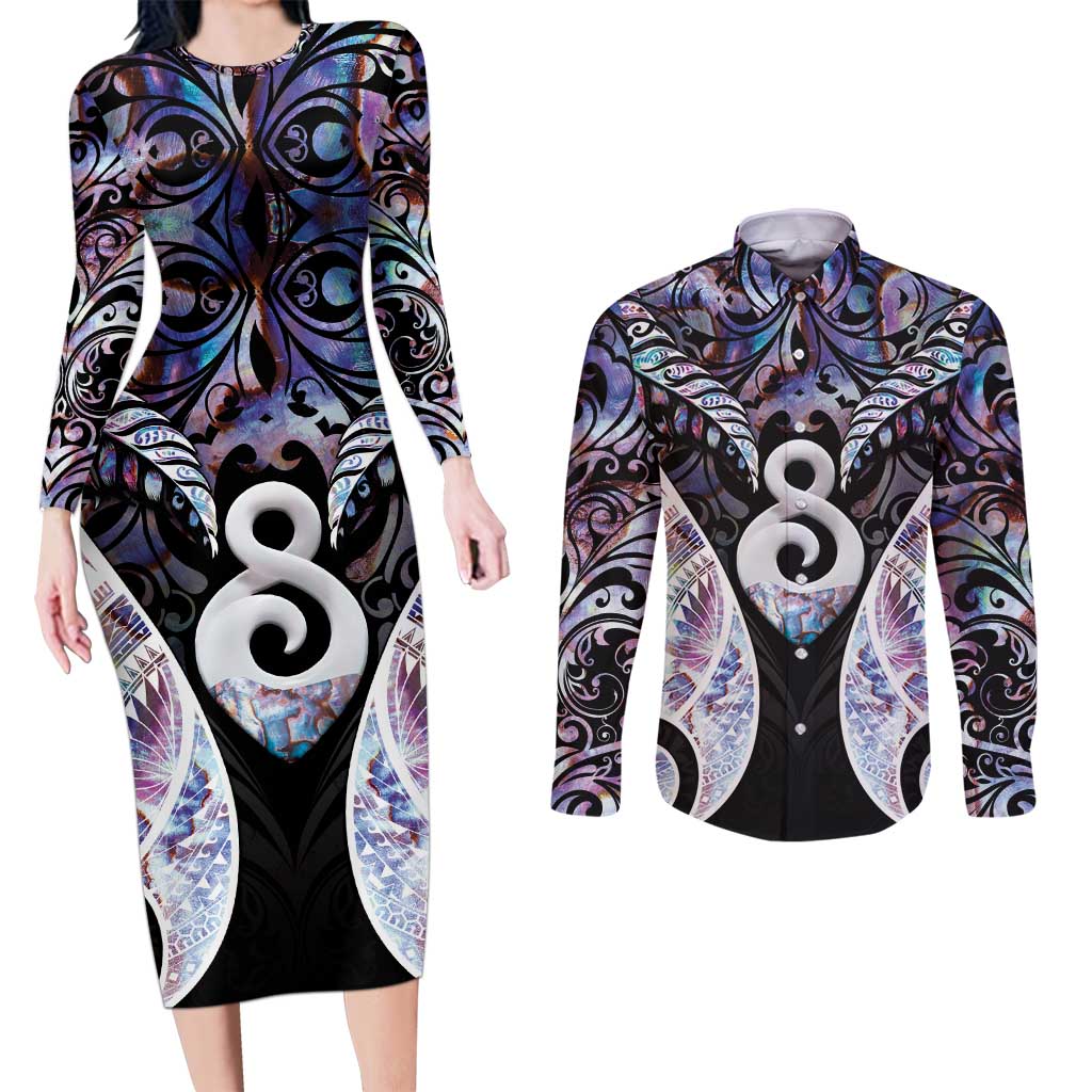 New Zealand Aotearoa Couples Matching Long Sleeve Bodycon Dress and Long Sleeve Button Shirt Pikorua Single Twist Pink Paua Shell DT05 Pink - Polynesian Pride