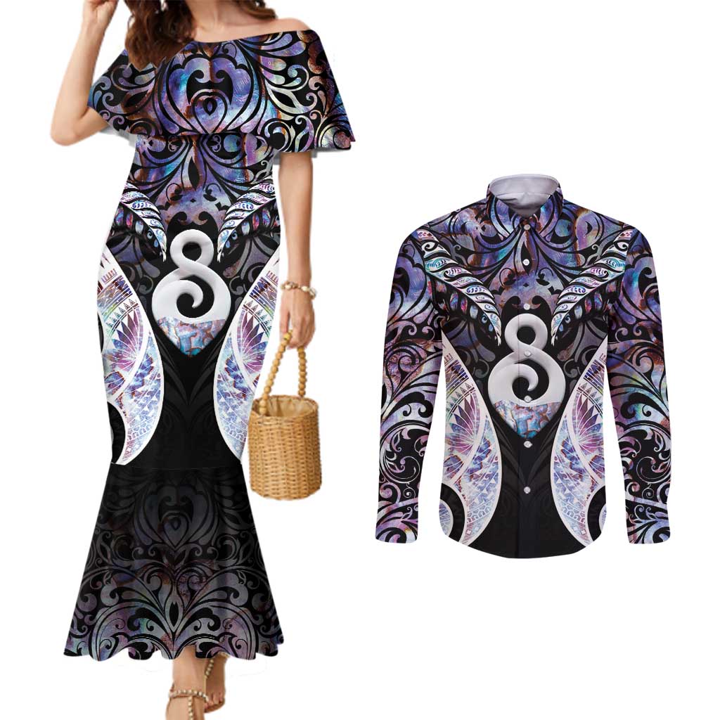 New Zealand Aotearoa Couples Matching Mermaid Dress and Long Sleeve Button Shirt Pikorua Single Twist Pink Paua Shell DT05 Pink - Polynesian Pride