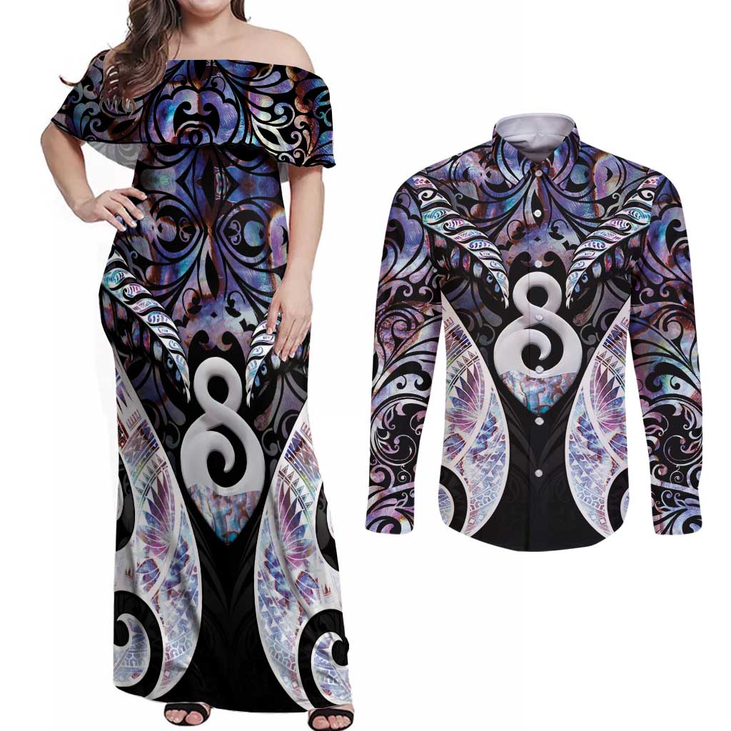 New Zealand Aotearoa Couples Matching Off Shoulder Maxi Dress and Long Sleeve Button Shirt Pikorua Single Twist Pink Paua Shell DT05 Pink - Polynesian Pride
