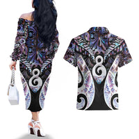New Zealand Aotearoa Couples Matching Off The Shoulder Long Sleeve Dress and Hawaiian Shirt Pikorua Single Twist Pink Paua Shell DT05 - Polynesian Pride