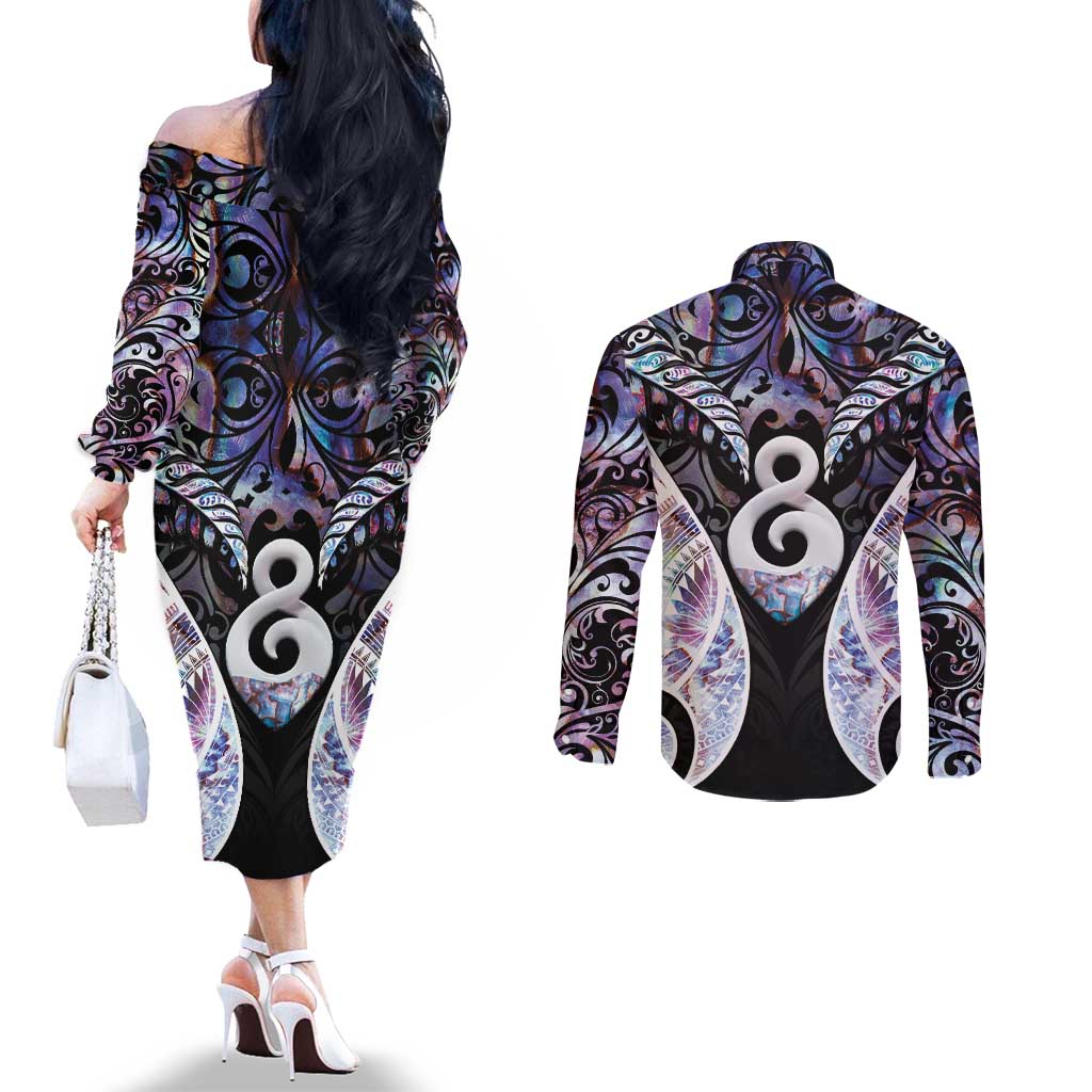New Zealand Aotearoa Couples Matching Off The Shoulder Long Sleeve Dress and Long Sleeve Button Shirt Pikorua Single Twist Pink Paua Shell DT05 - Polynesian Pride