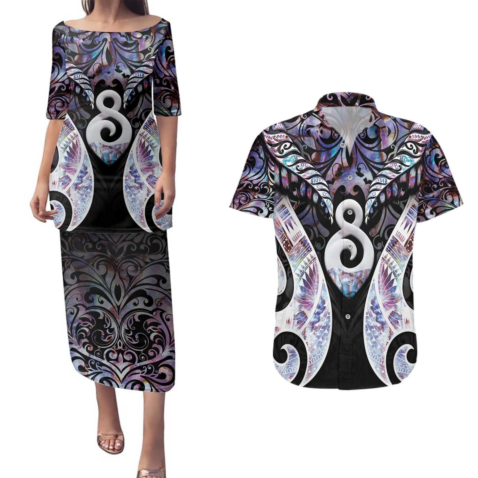 New Zealand Aotearoa Couples Matching Puletasi and Hawaiian Shirt Pikorua Single Twist Pink Paua Shell