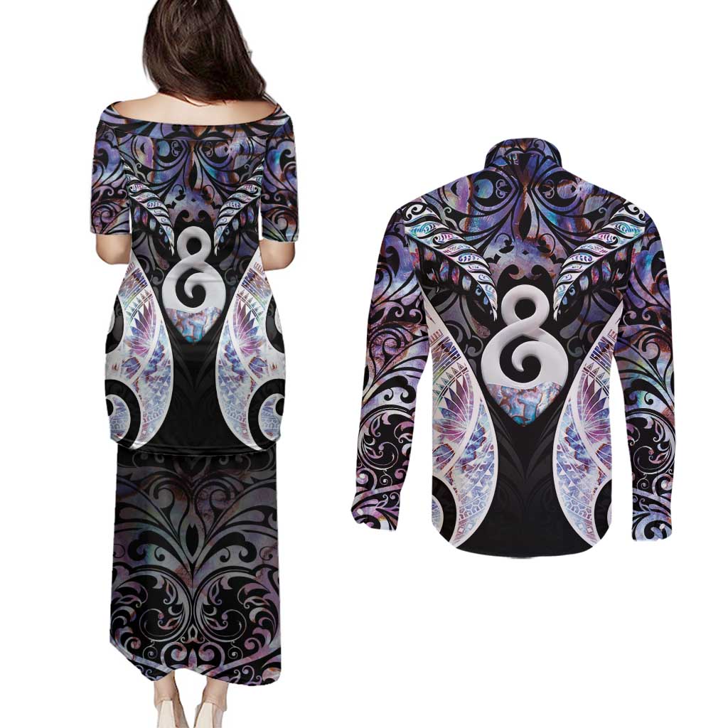 New Zealand Aotearoa Couples Matching Puletasi and Long Sleeve Button Shirt Pikorua Single Twist Pink Paua Shell DT05 - Polynesian Pride