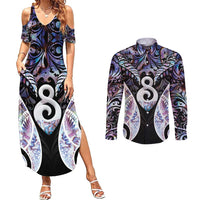 New Zealand Aotearoa Couples Matching Summer Maxi Dress and Long Sleeve Button Shirt Pikorua Single Twist Pink Paua Shell DT05 Pink - Polynesian Pride