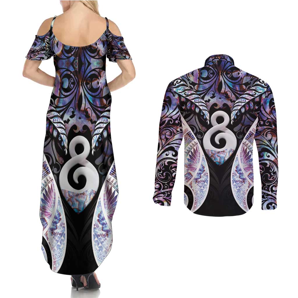 New Zealand Aotearoa Couples Matching Summer Maxi Dress and Long Sleeve Button Shirt Pikorua Single Twist Pink Paua Shell DT05 - Polynesian Pride