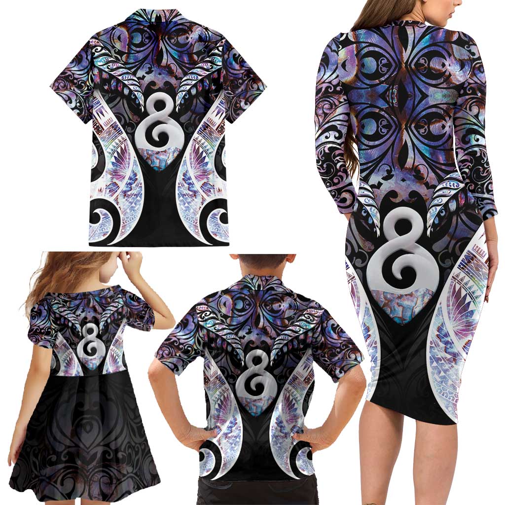 New Zealand Aotearoa Family Matching Long Sleeve Bodycon Dress and Hawaiian Shirt Pikorua Single Twist Pink Paua Shell DT05 - Polynesian Pride