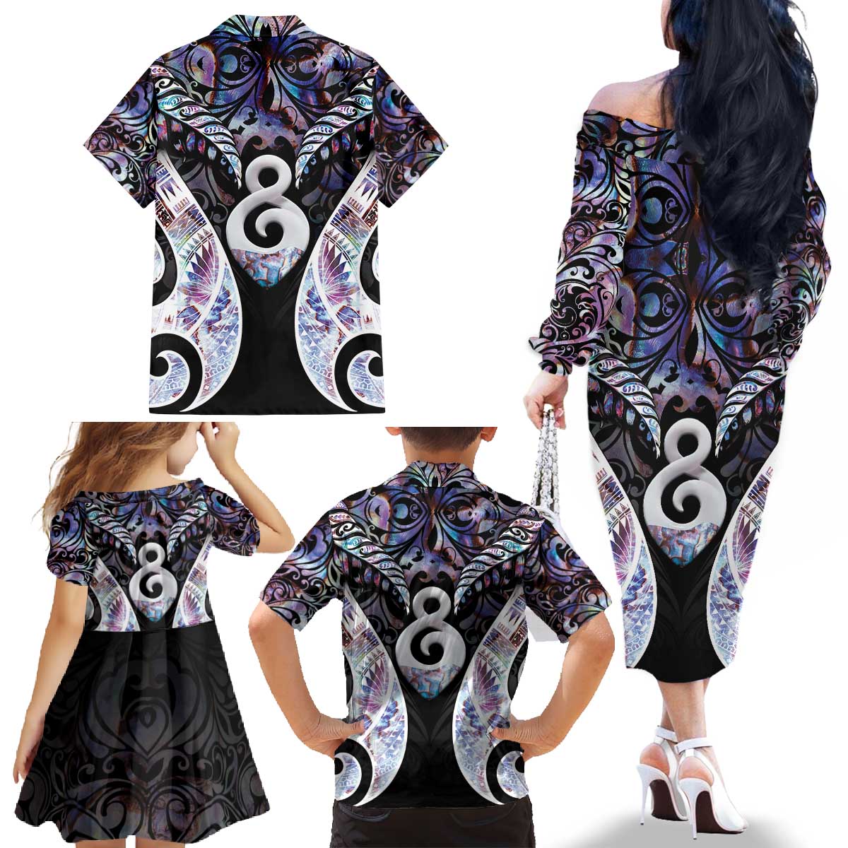 New Zealand Aotearoa Family Matching Off The Shoulder Long Sleeve Dress and Hawaiian Shirt Pikorua Single Twist Pink Paua Shell DT05 - Polynesian Pride