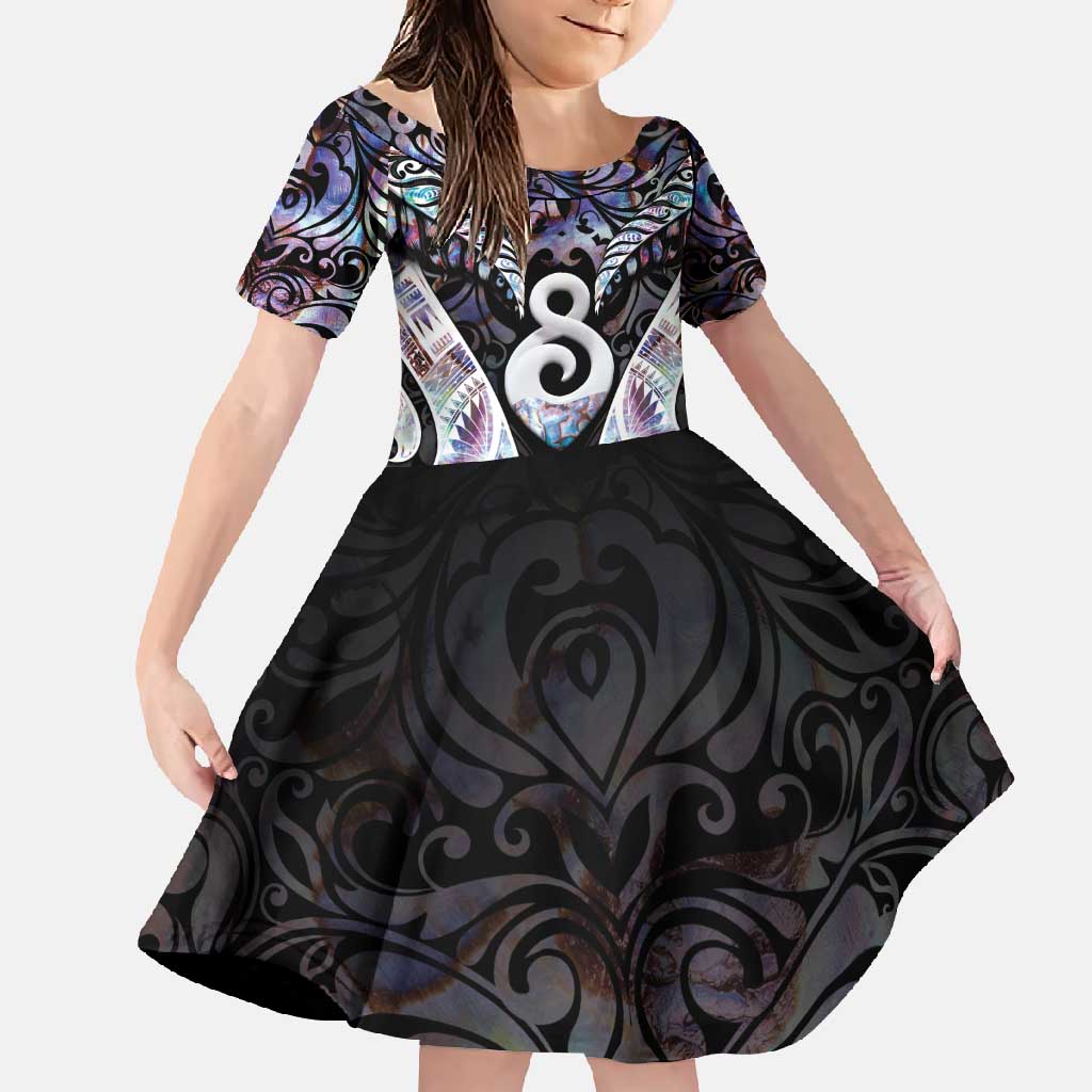 New Zealand Aotearoa Family Matching Off Shoulder Maxi Dress and Hawaiian Shirt Pikorua Single Twist Pink Paua Shell DT05 Daughter's Dress Pink - Polynesian Pride