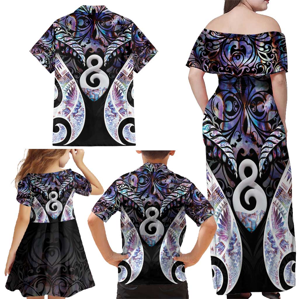 New Zealand Aotearoa Family Matching Off Shoulder Maxi Dress and Hawaiian Shirt Pikorua Single Twist Pink Paua Shell DT05 - Polynesian Pride