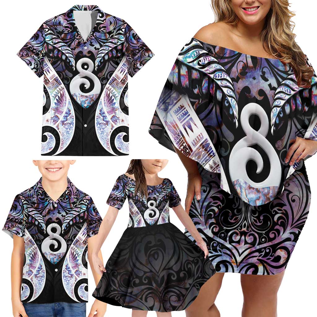 New Zealand Aotearoa Family Matching Off Shoulder Short Dress and Hawaiian Shirt Pikorua Single Twist Pink Paua Shell DT05 - Polynesian Pride