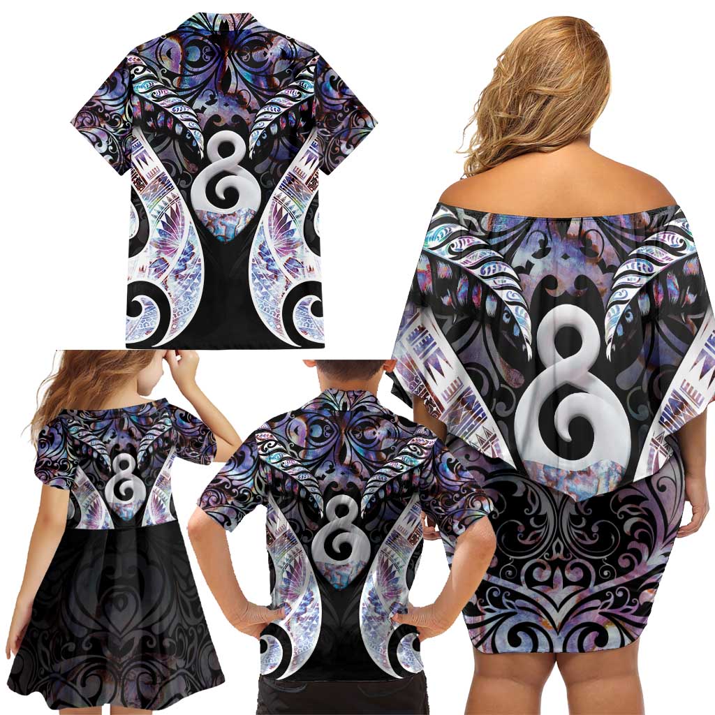 New Zealand Aotearoa Family Matching Off Shoulder Short Dress and Hawaiian Shirt Pikorua Single Twist Pink Paua Shell DT05 - Polynesian Pride
