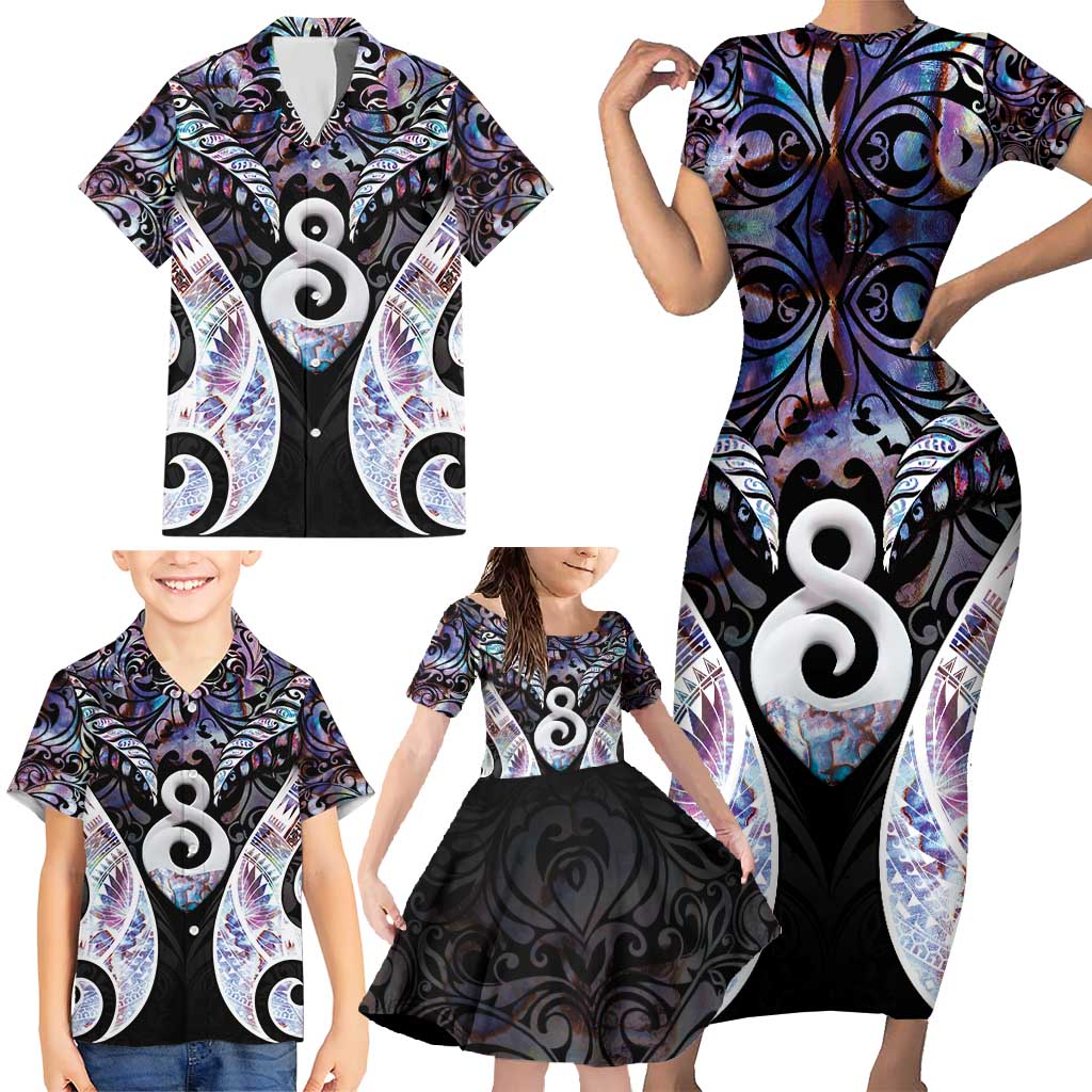 New Zealand Aotearoa Family Matching Short Sleeve Bodycon Dress and Hawaiian Shirt Pikorua Single Twist Pink Paua Shell DT05 - Polynesian Pride