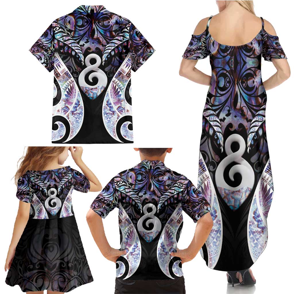 New Zealand Aotearoa Family Matching Summer Maxi Dress and Hawaiian Shirt Pikorua Single Twist Pink Paua Shell DT05 - Polynesian Pride
