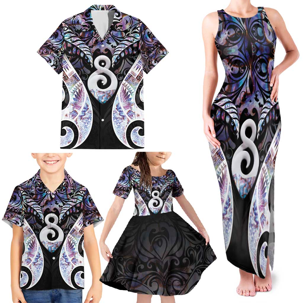 New Zealand Aotearoa Family Matching Tank Maxi Dress and Hawaiian Shirt Pikorua Single Twist Pink Paua Shell DT05 - Polynesian Pride