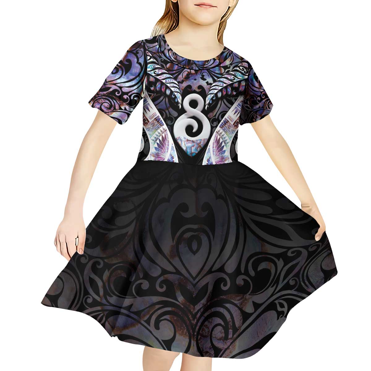 New Zealand Aotearoa Kid Short Sleeve Dress Pikorua Single Twist Pink Paua Shell DT05 - Polynesian Pride