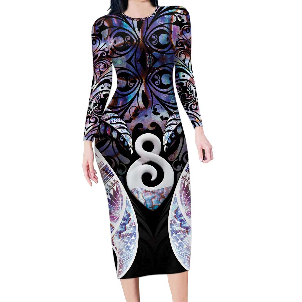 New Zealand Aotearoa Long Sleeve Bodycon Dress Pikorua Single Twist Pink Paua Shell DT05 Long Dress Pink - Polynesian Pride