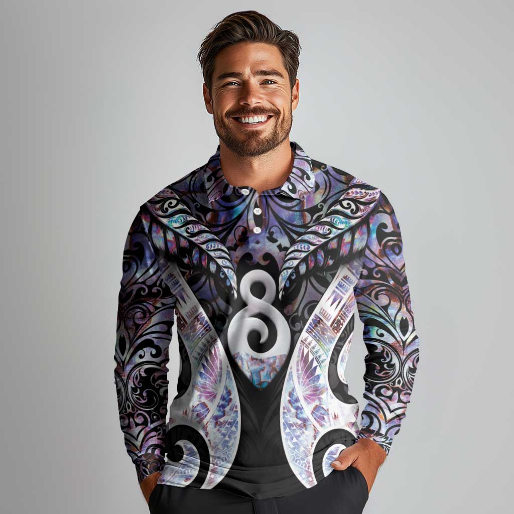 New Zealand Aotearoa Long Sleeve Polo Shirt Pikorua Single Twist Pink Paua Shell DT05 - Polynesian Pride