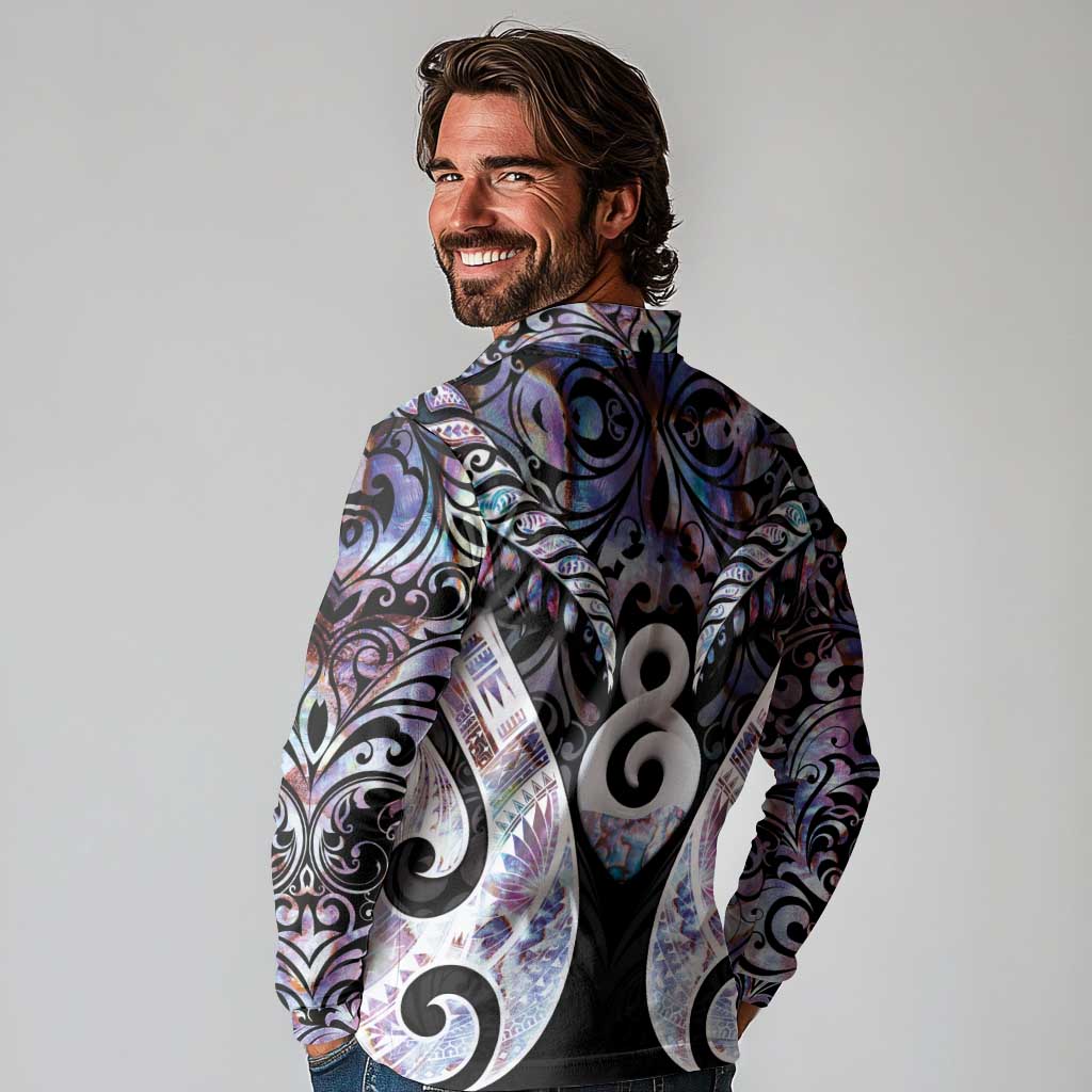 New Zealand Aotearoa Long Sleeve Polo Shirt Pikorua Single Twist Pink Paua Shell DT05 - Polynesian Pride
