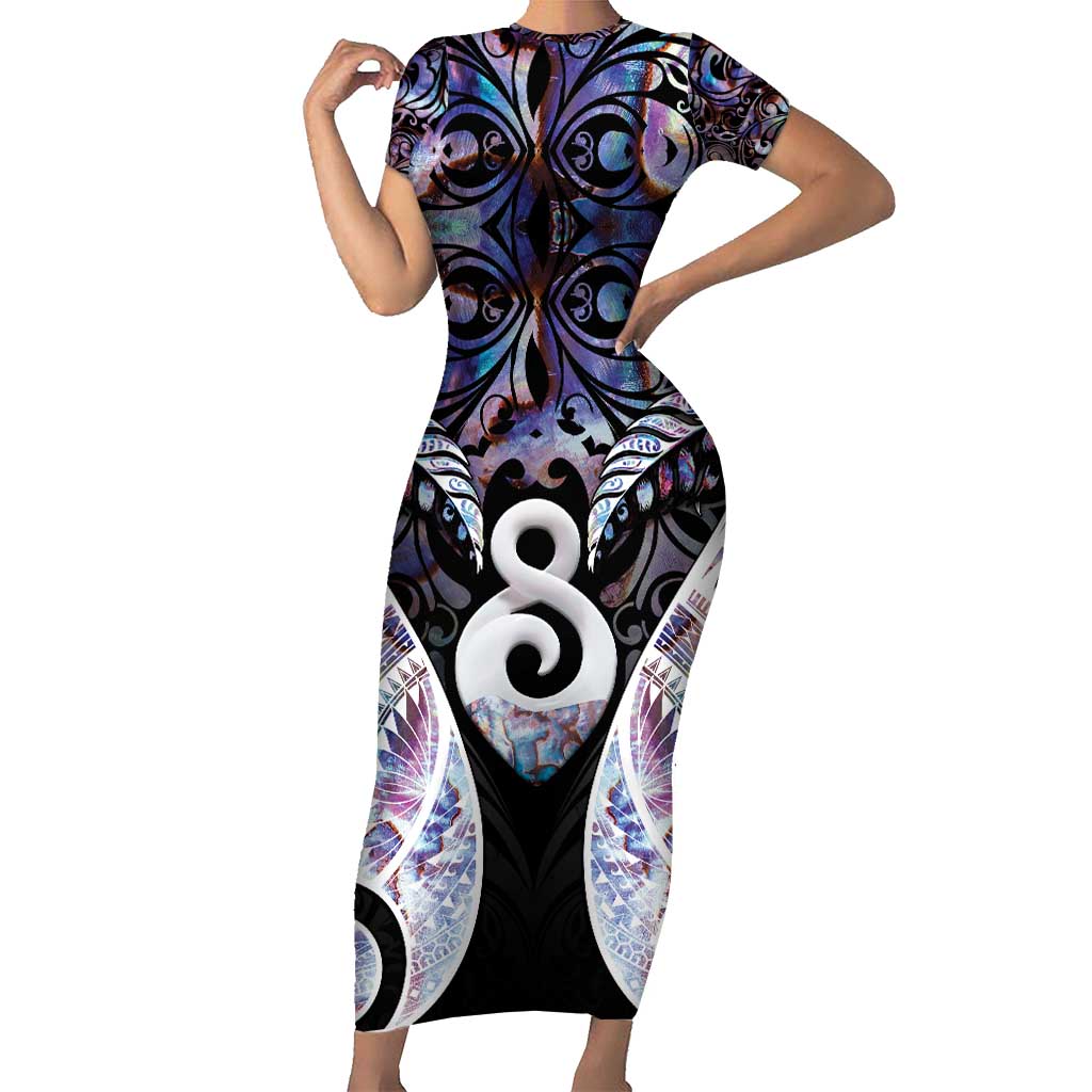 New Zealand Aotearoa Short Sleeve Bodycon Dress Pikorua Single Twist Pink Paua Shell DT05 Long Dress Pink - Polynesian Pride