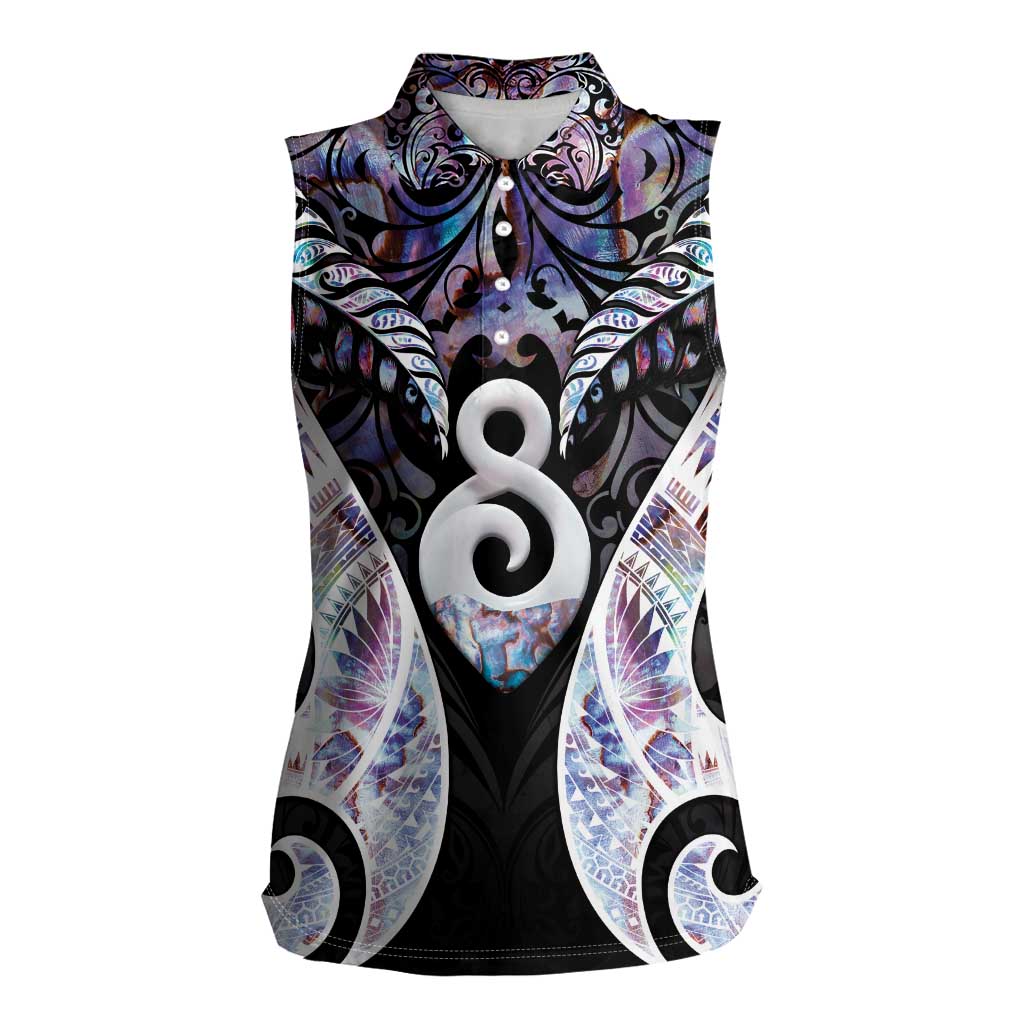 New Zealand Aotearoa Women Sleeveless Polo Shirt Pikorua Single Twist Pink Paua Shell DT05 Female Pink - Polynesian Pride