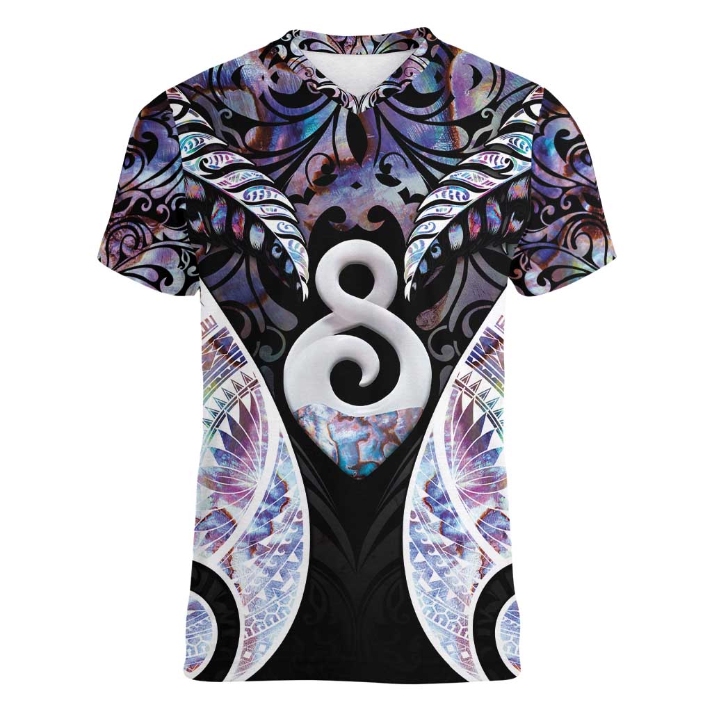 New Zealand Aotearoa Women V-Neck T-Shirt Pikorua Single Twist Pink Paua Shell DT05 Female Pink - Polynesian Pride