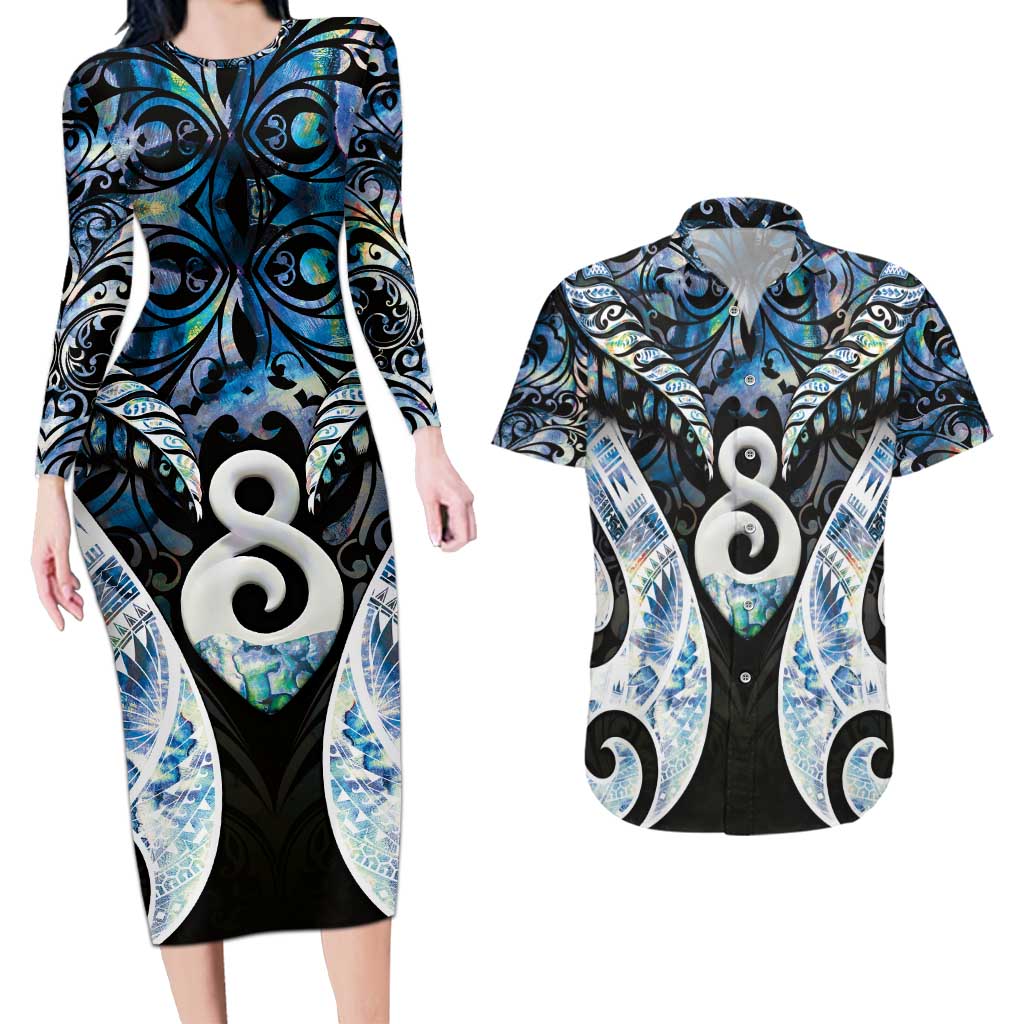 New Zealand Aotearoa Couples Matching Long Sleeve Bodycon Dress and Hawaiian Shirt Pikorua Single Twist Green Paua Shell DT05 Green - Polynesian Pride
